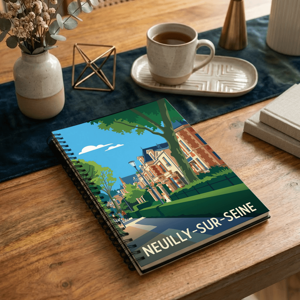 Carnet souvenir de la ville de Neuilly-sur-Seine avec une illustration stylisée.