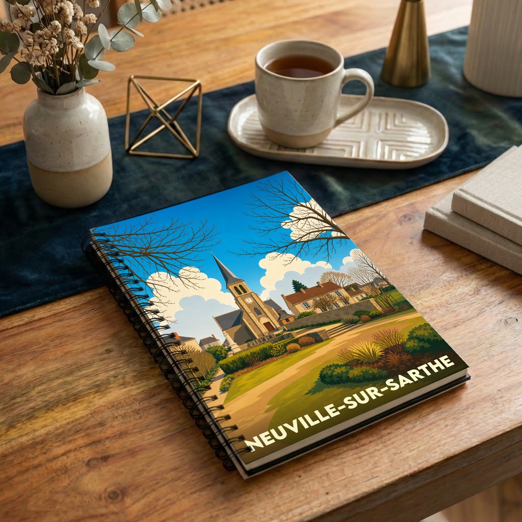Carnet à spirales souvenir de Neuville-sur-Sarthe avec une illustration colorée et stylisée de la ville.