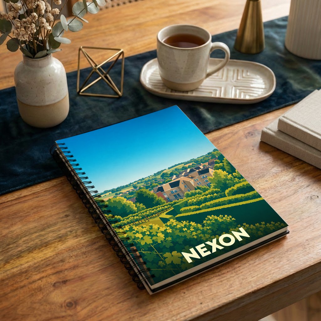 Carnet à spirales souvenir de la ville de Nexon avec une illustration stylisée de son paysage.