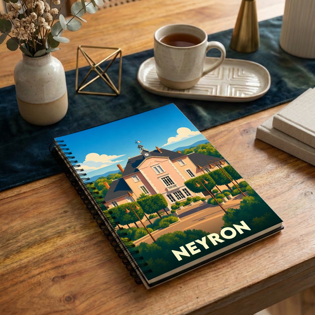 Carnet souvenir de la ville de Neyron avec une illustration stylisée.