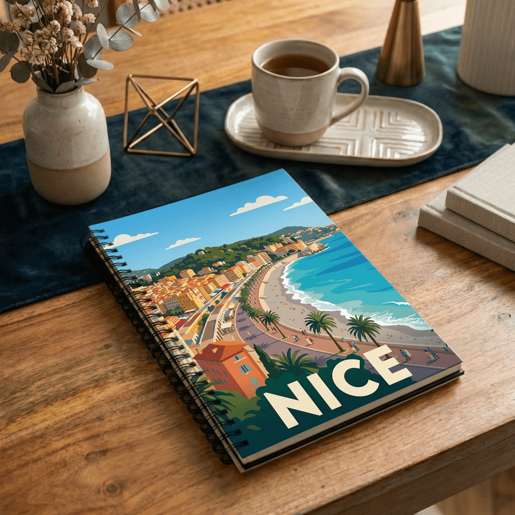 Carnet souvenir de la ville de Nice avec une illustration stylisée.