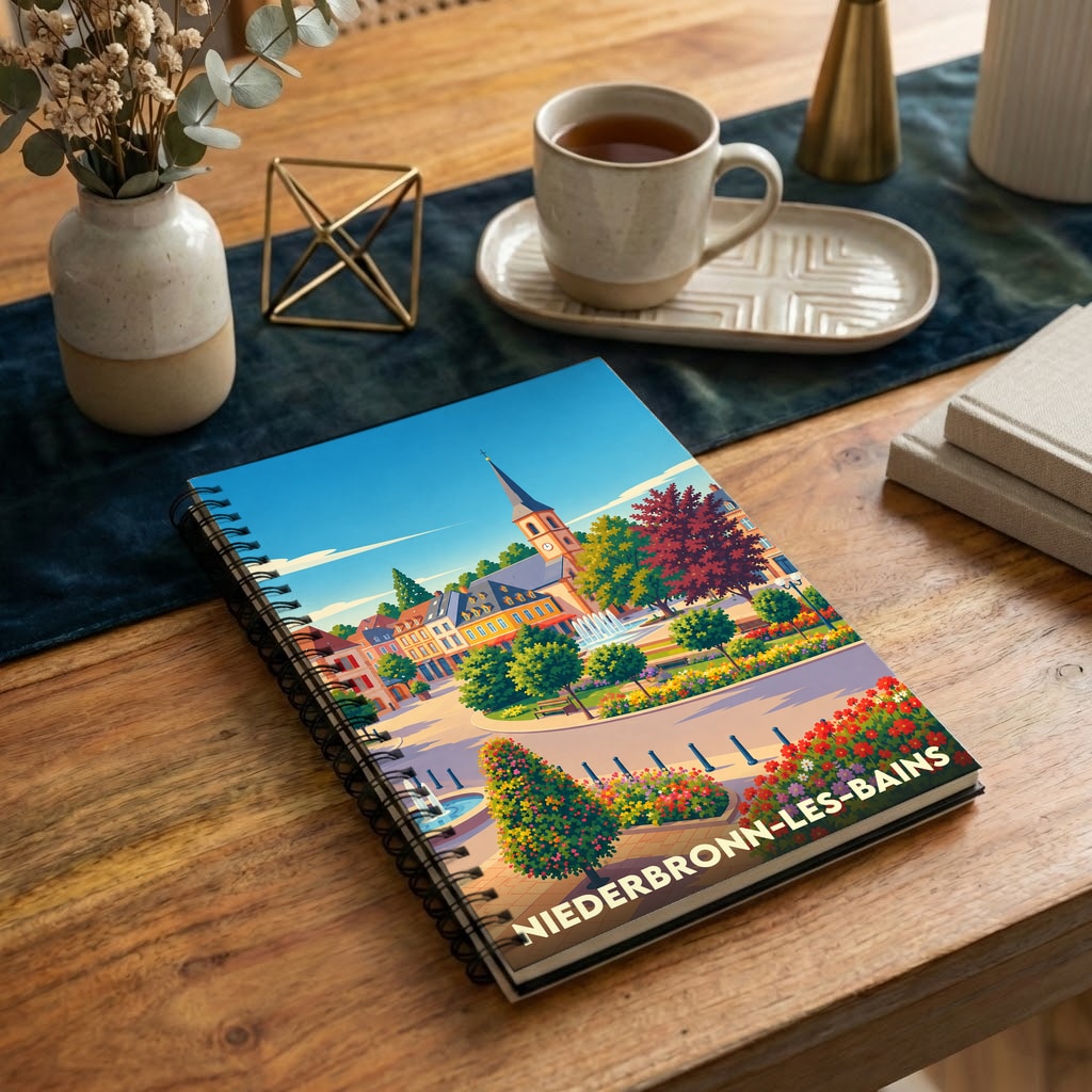Carnet à spirales souvenir de la ville de Niederbronn-les-Bains avec une illustration colorée et stylisée de son centre-ville.