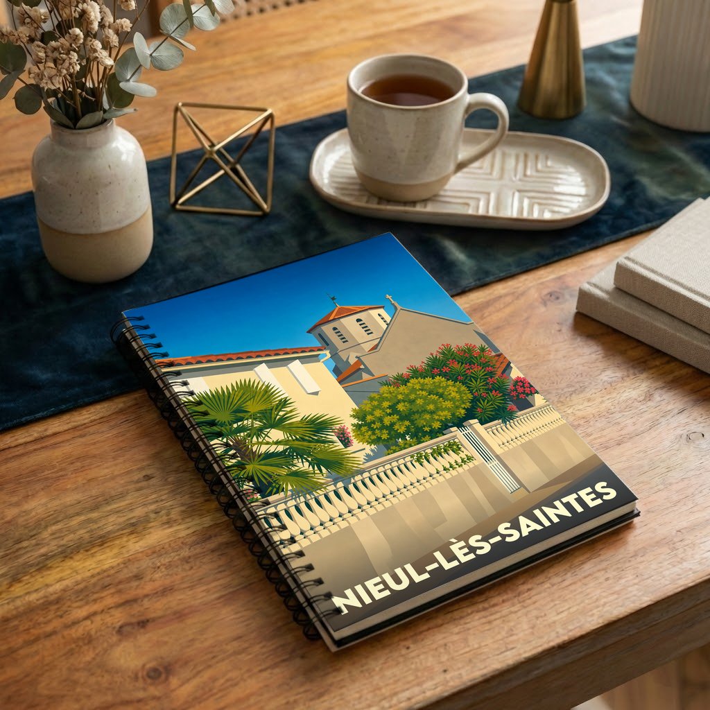 Carnet à spirales souvenir de la ville de Nieul-lès-Saintes avec une illustration stylisée d'une église et de palmiers.