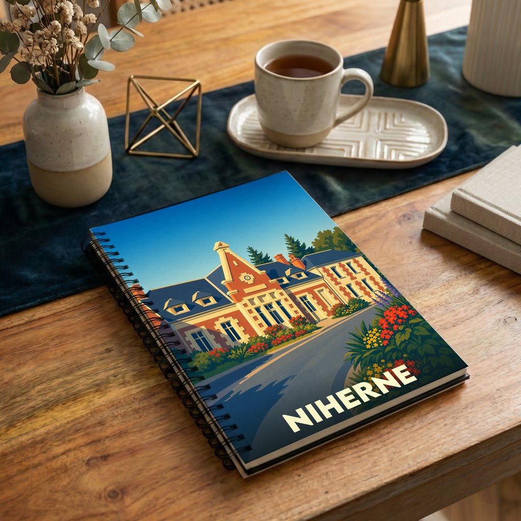 Carnet souvenir de la ville de Niherne illustré par un dessin stylisé de son architecture.