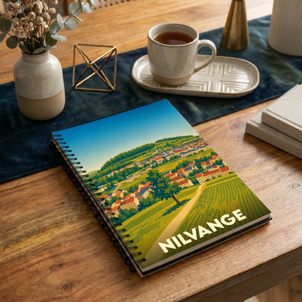 Carnet souvenir à spirales de la ville de Nilvange avec une illustration paysagère stylisée.