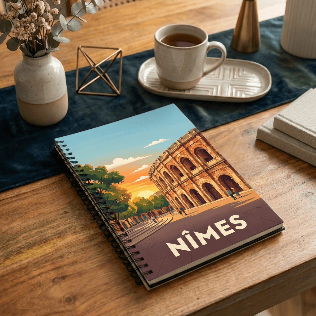 Carnet souvenir de la ville de Nîmes avec une illustration stylisée de ses arènes.