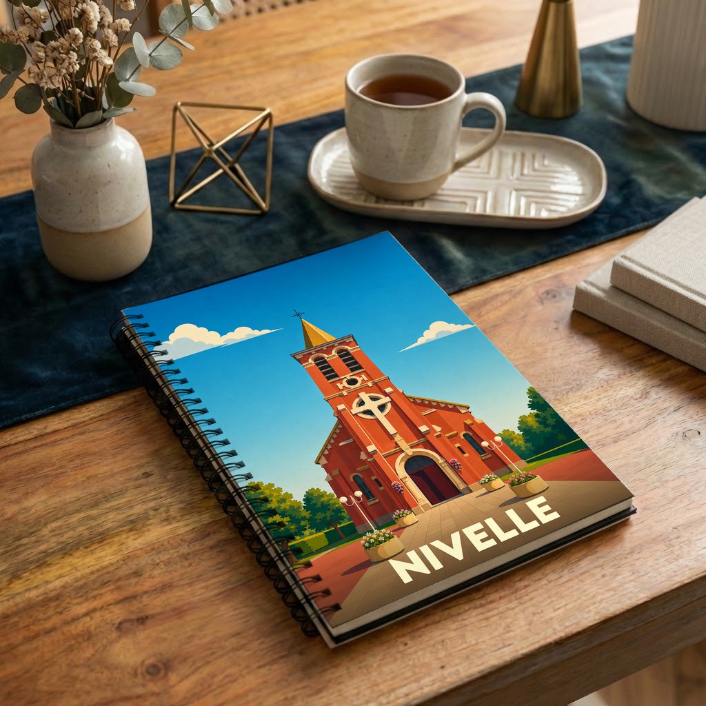 Carnet à spirale souvenir de la ville de Nivelle illustré d'une église stylisée sous un ciel bleu.