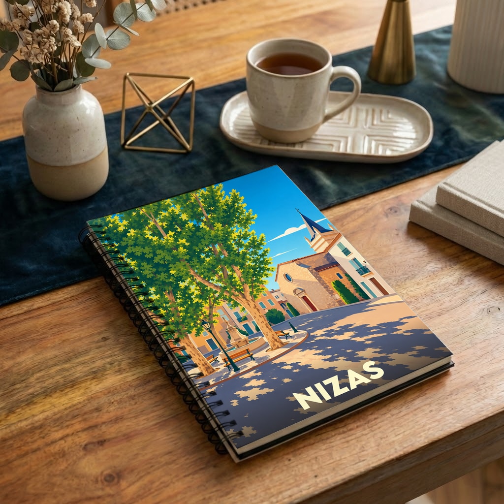 Carnet souvenir de la ville de Nizas avec une illustration stylisée d'une place ensoleillée.