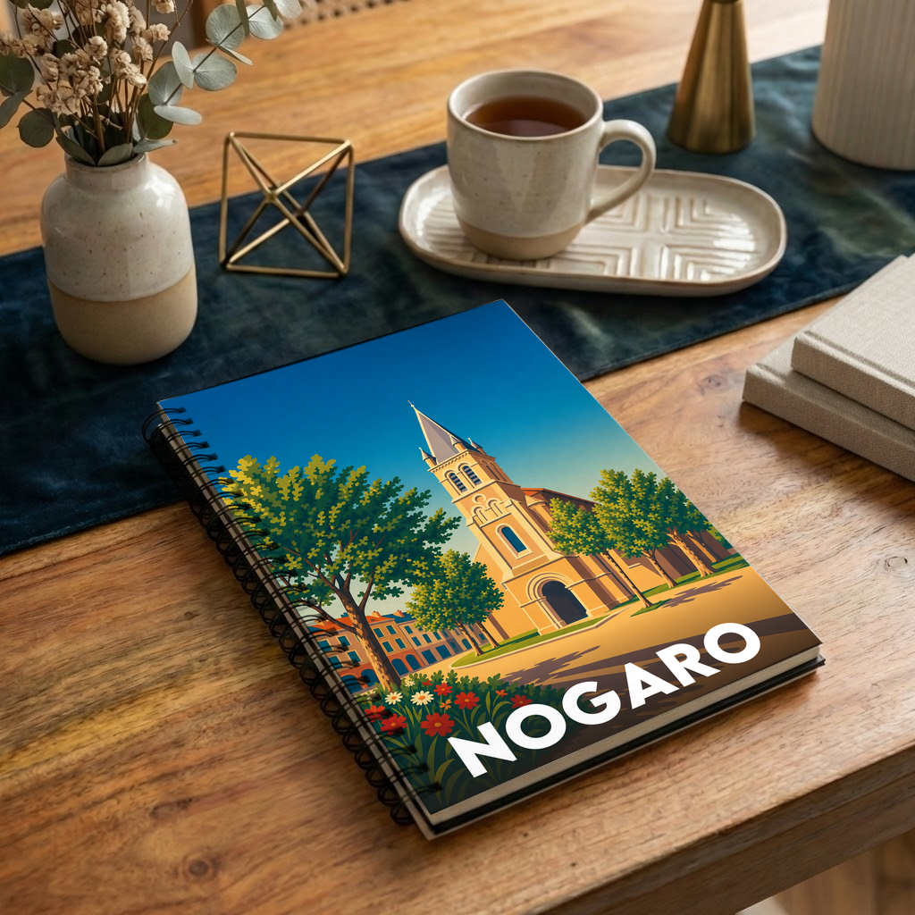 Carnet souvenir de la ville de Nogaro avec une illustration stylisée de son église.