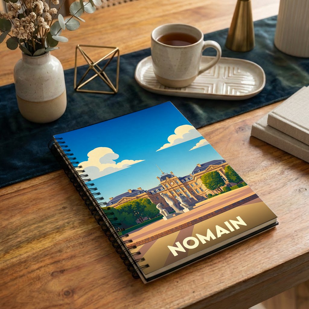 Carnet à spirales souvenir de la ville de Nomain avec une illustration stylisée.