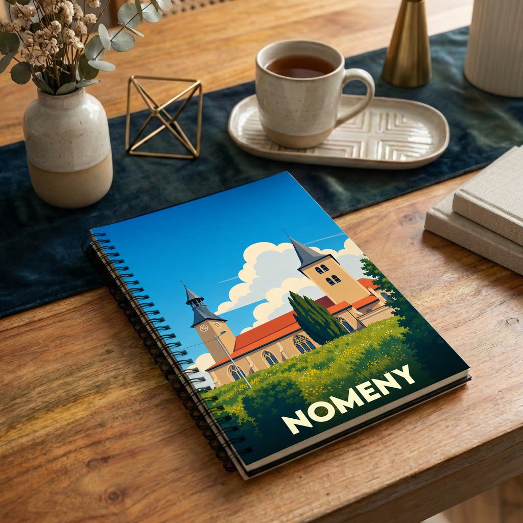 Carnet souvenir de la ville de Nomeny avec une illustration stylisée de son église et de ses paysages.