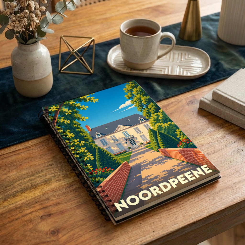 Carnet souvenir de la ville de Noordpeene avec une illustration stylisée représentant une demeure historique.