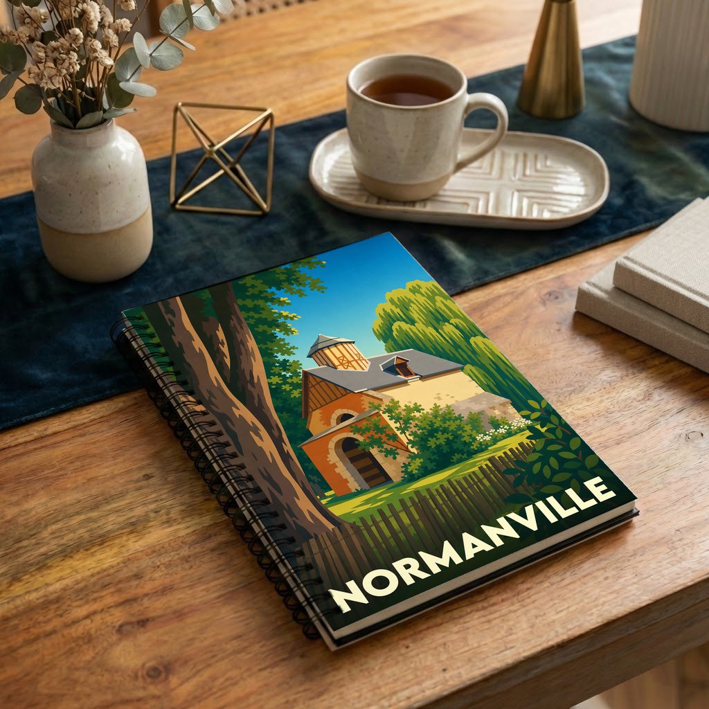 Carnet souvenir de la ville de Normanville avec une illustration stylisée d'une maison ancienne.