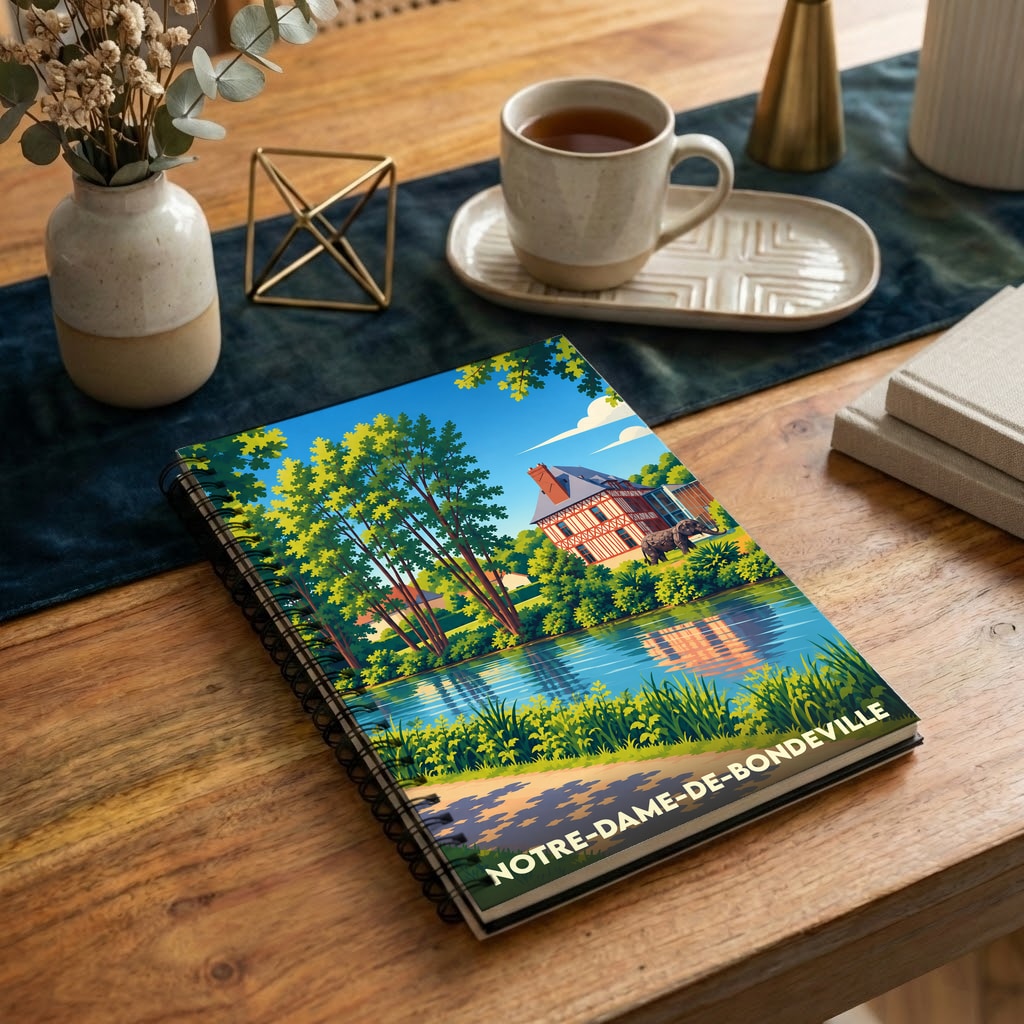 Carnet souvenir de la ville de Notre-Dame-de-Bondeville illustré d'un paysage coloré et stylisé.