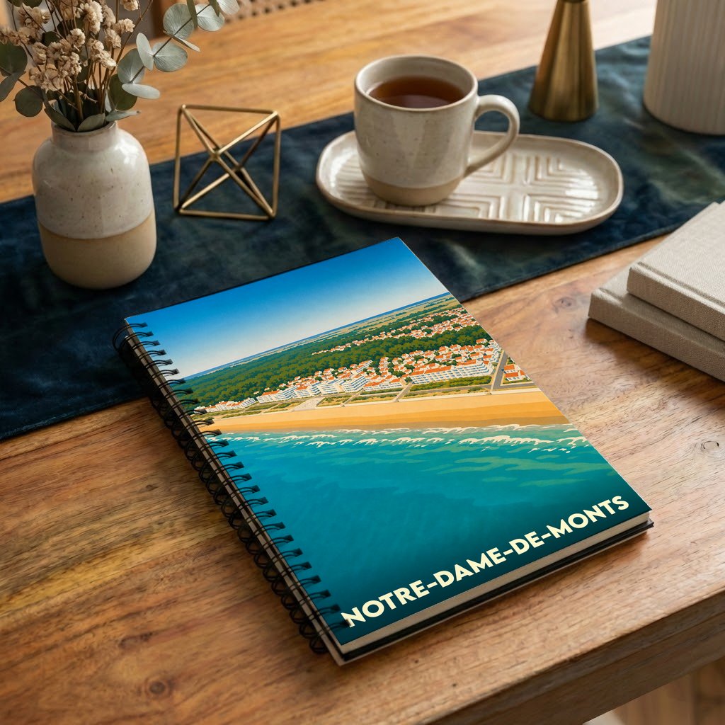Carnet de notes souvenir de Notre-Dame-de-Monts avec une illustration stylisée de sa plage et de son front de mer.