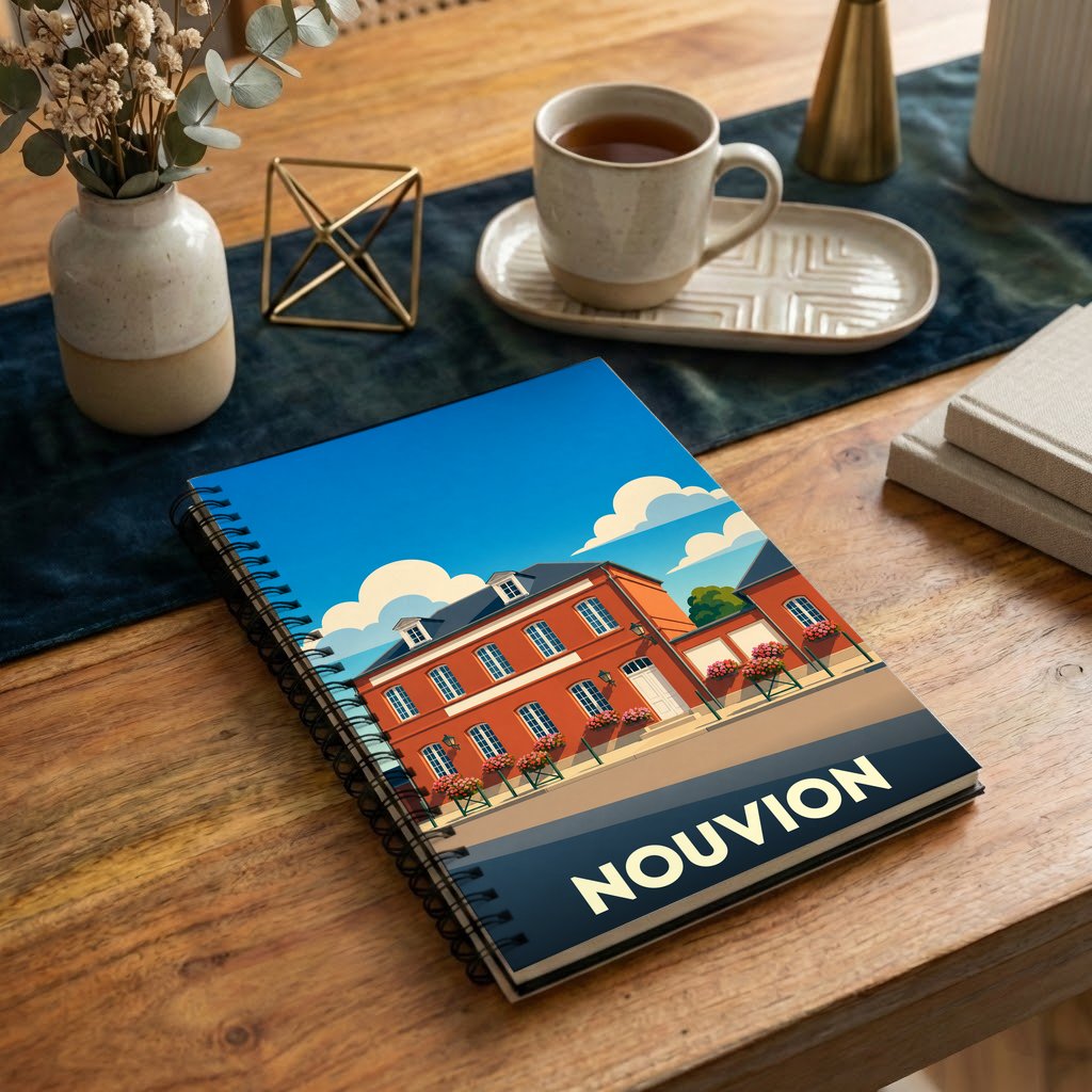 Carnet à spirales souvenir de la ville de Nouvion avec une illustration stylisée.