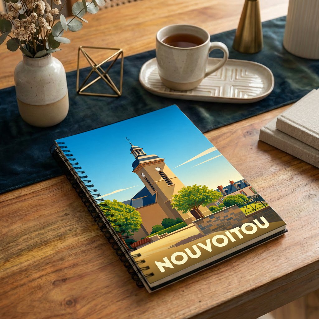 Carnet souvenir de la ville de Nouvoitou avec une illustration stylisée de son église.