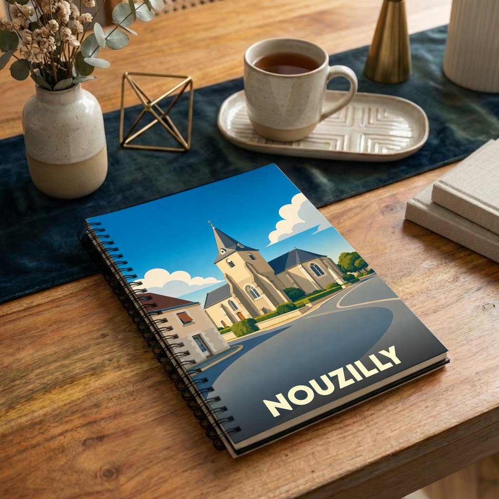 Carnet à spirales souvenir de la ville de Nouzilly avec une illustration stylisée de son église.