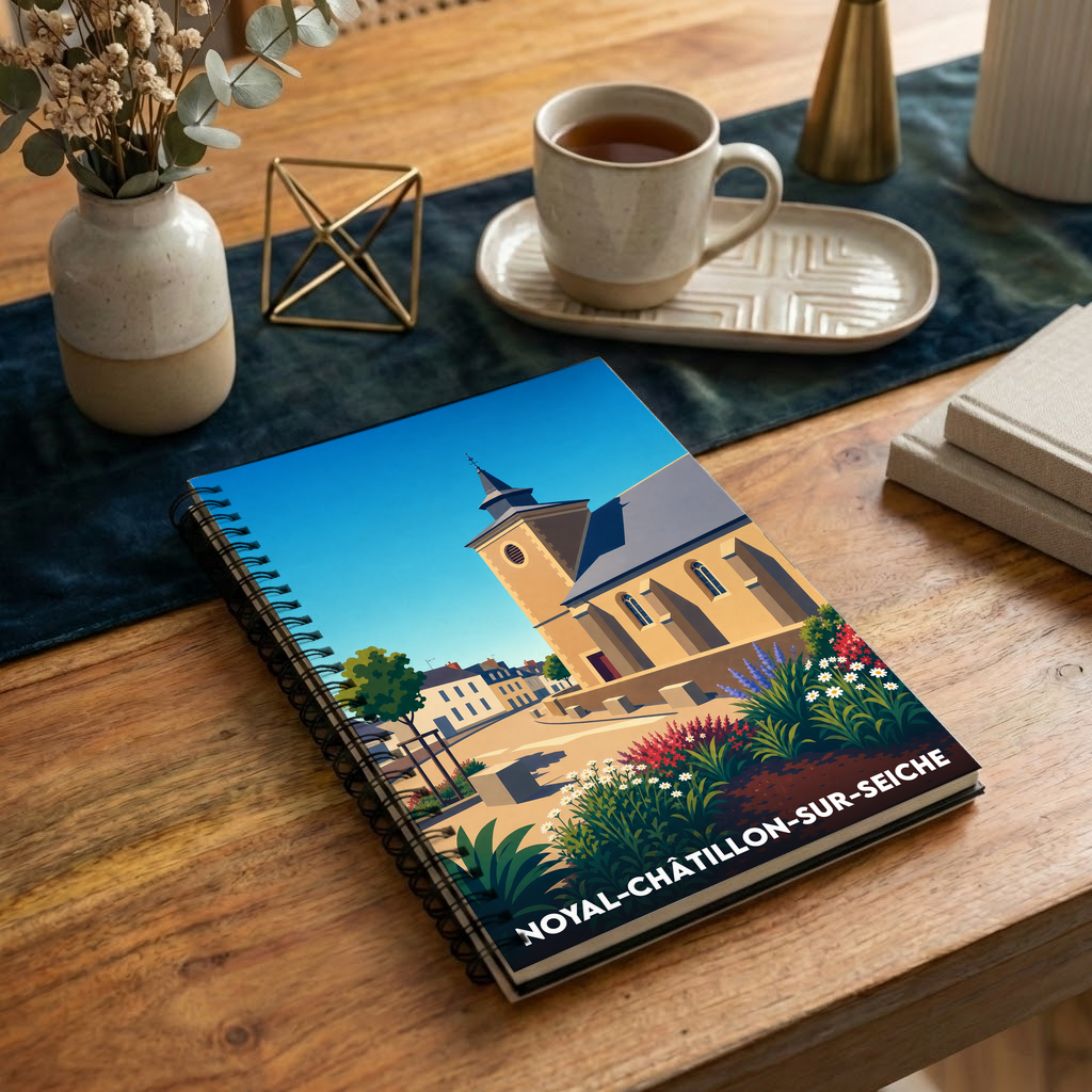 Carnet de notes à spirales avec une illustration stylisée de l'église de Noyal-Châtillon-sur-Seiche.