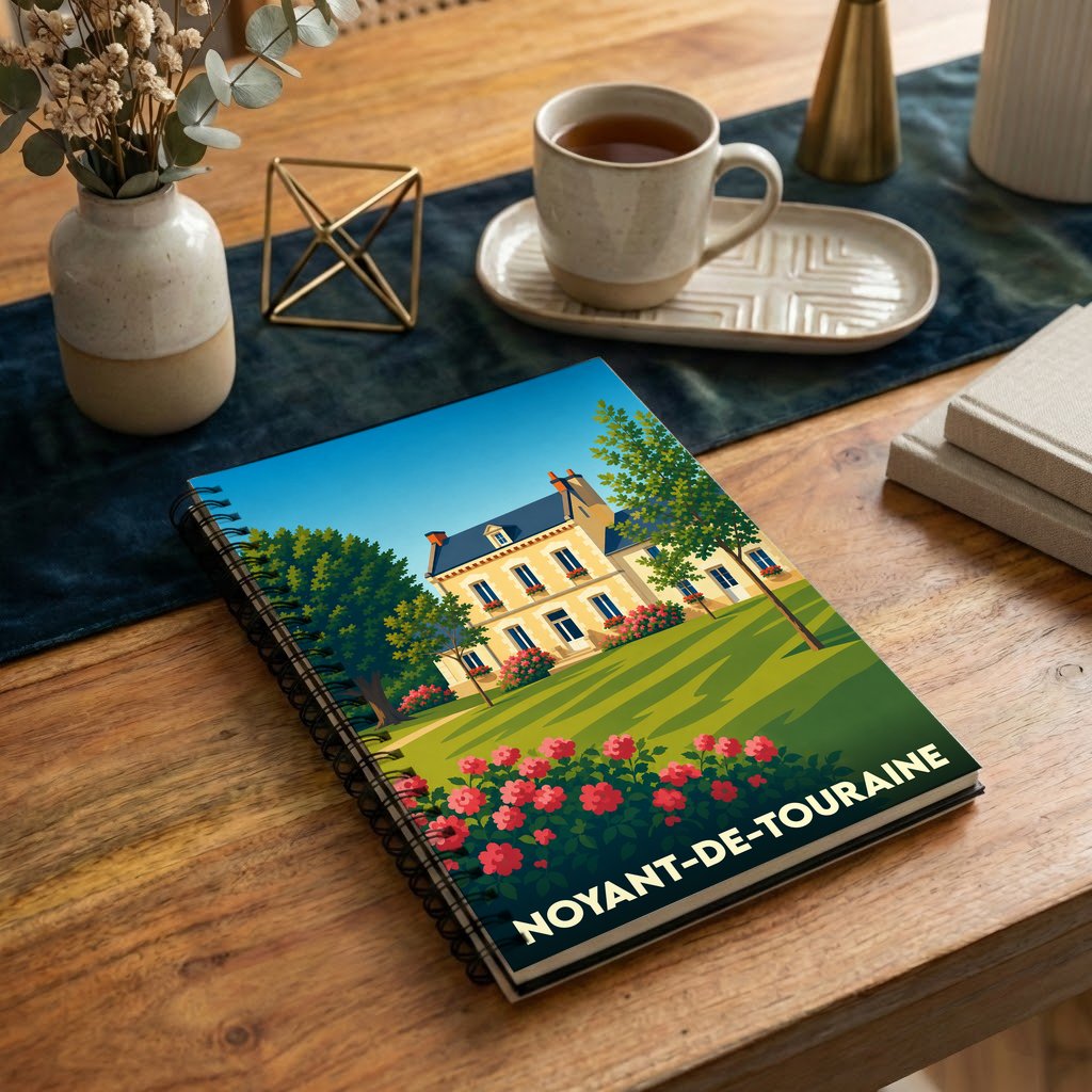 Carnet souvenir à spirales de la ville de Noyant-de-Touraine avec une illustration stylisée d'un manoir et de jardins.