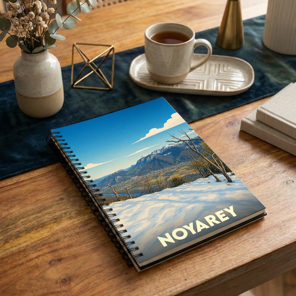 Carnet souvenir de la ville de Noyarey avec une illustration stylisée de paysages montagneux enneigés.