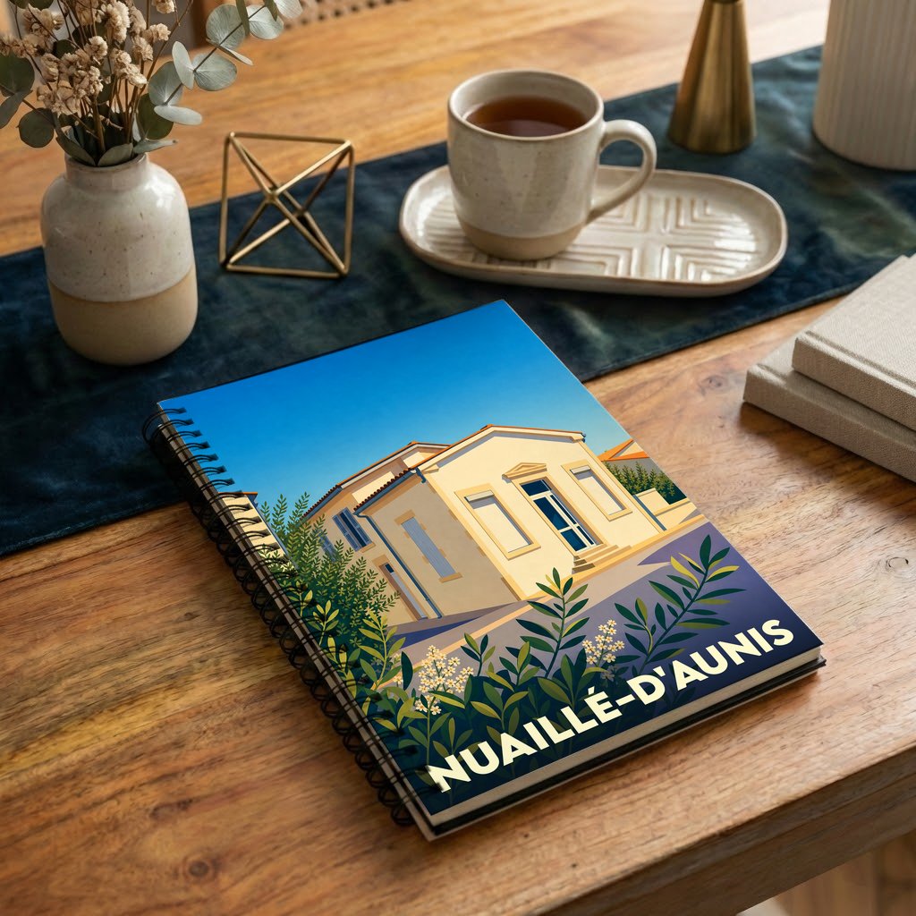 Carnet souvenir de la ville de Nuaillé-d'Aunis avec une illustration stylisée d'un bâtiment local.