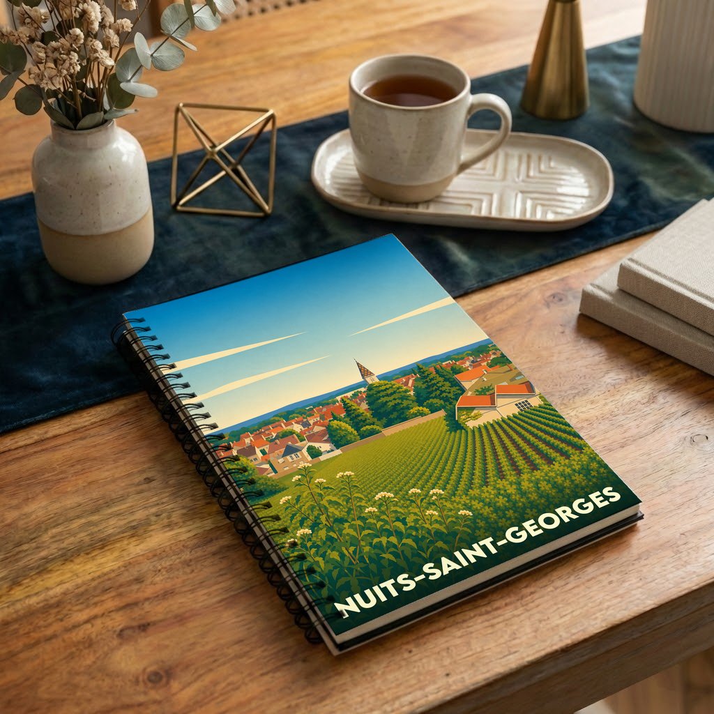 Carnet souvenir de la ville de Nuits-Saint-Georges avec une illustration stylisée de ses vignobles.