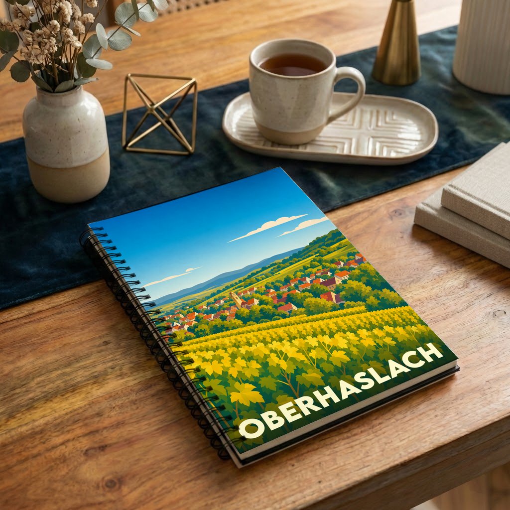 Carnet souvenir de la ville d'Oberhaslach avec une illustration stylisée de ses vignobles et de son village.
