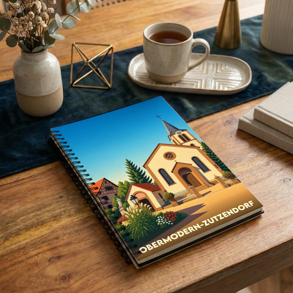 Carnet souvenir de la ville de Obermodern-Zutzendorf avec une illustration stylisée de son église.