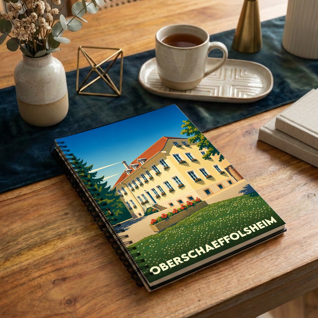 Carnet à spirales souvenir de la ville d'Oberschaeffolsheim avec une illustration stylisée d'un bâtiment alsacien.