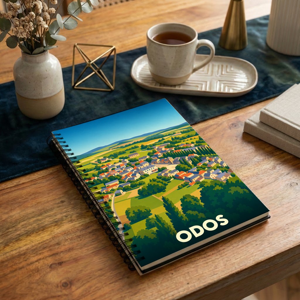 Carnet de notes souvenir de la ville d'Odos illustré d'un paysage urbain et champêtre stylisé.