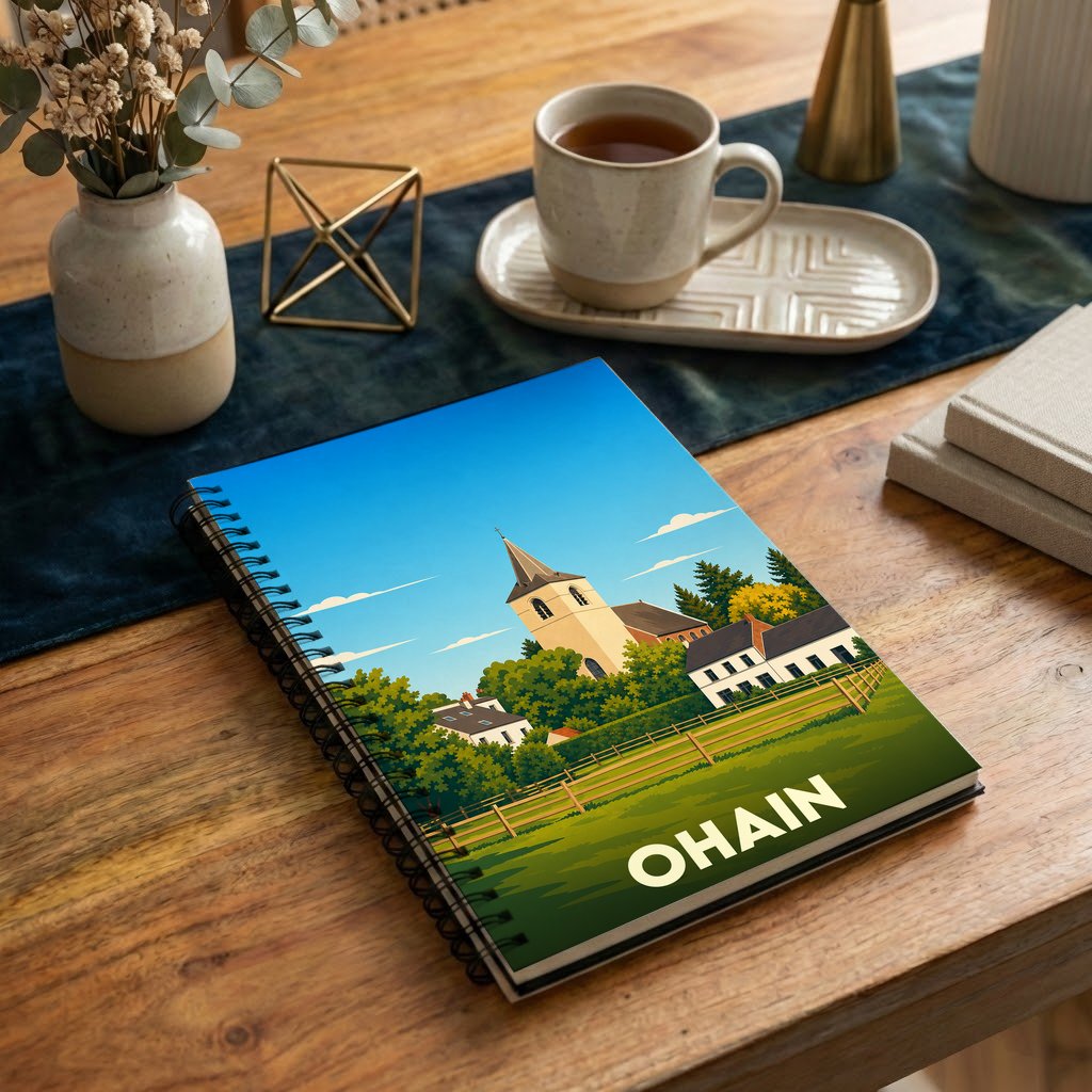 Carnet à spirales souvenir de la ville de Ohain avec une illustration stylisée de son église et de ses paysages.