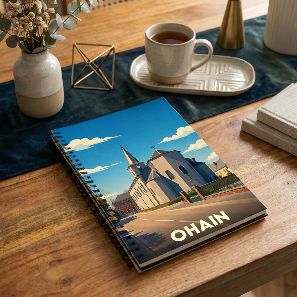 Carnet à spirales souvenir de la ville d'Ohain avec une illustration stylisée de son église sous un ciel bleu.