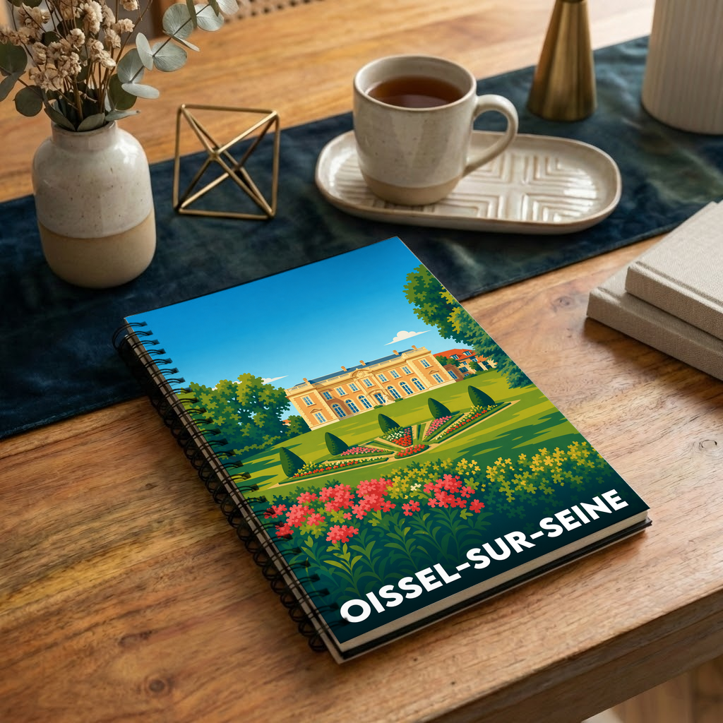 Carnet souvenir de la ville de Oissel-sur-Seine avec une illustration stylisée d'un château et de ses jardins.