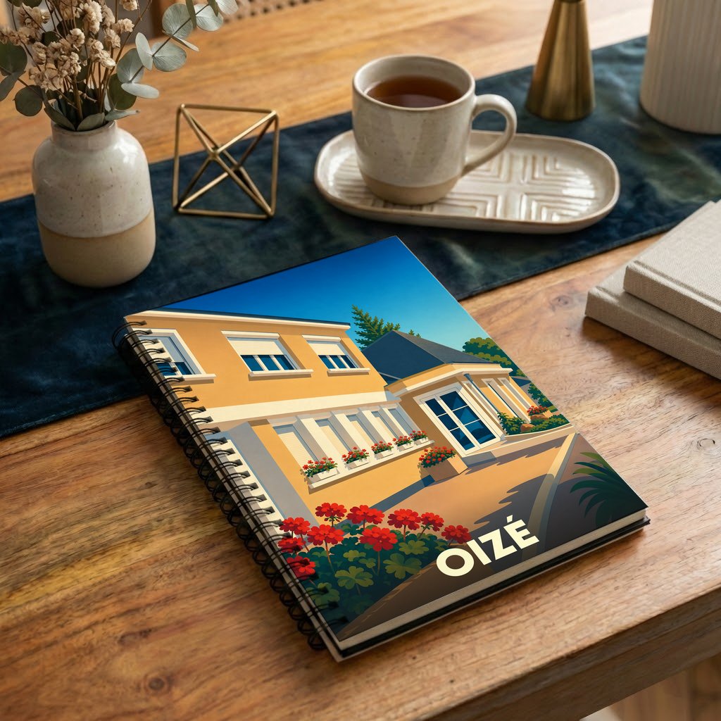 Carnet souvenir de la ville d'Oizé avec une illustration stylisée d'une maison ensoleillée et fleurie.