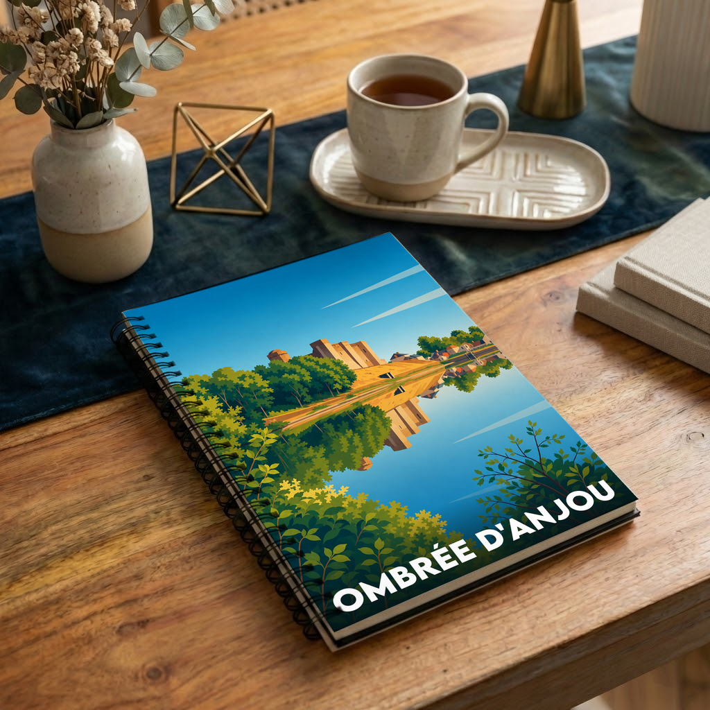 Carnet à spirales souvenir de la ville de Ombrée d'Anjou avec une illustration stylisée de son paysage.
