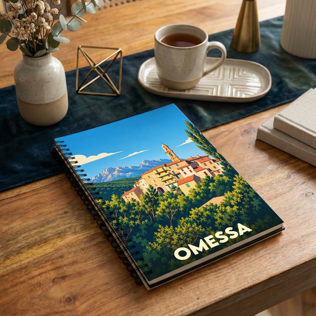 Carnet à spirales souvenir de la ville d'Omessa avec une illustration stylisée de son village perché.