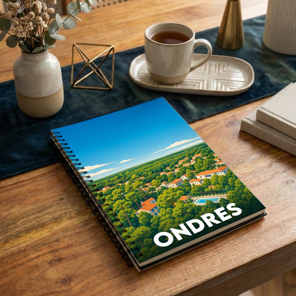 Carnet à spirales souvenir de la ville de Ondres avec une illustration stylisée de son paysage urbain boisé.