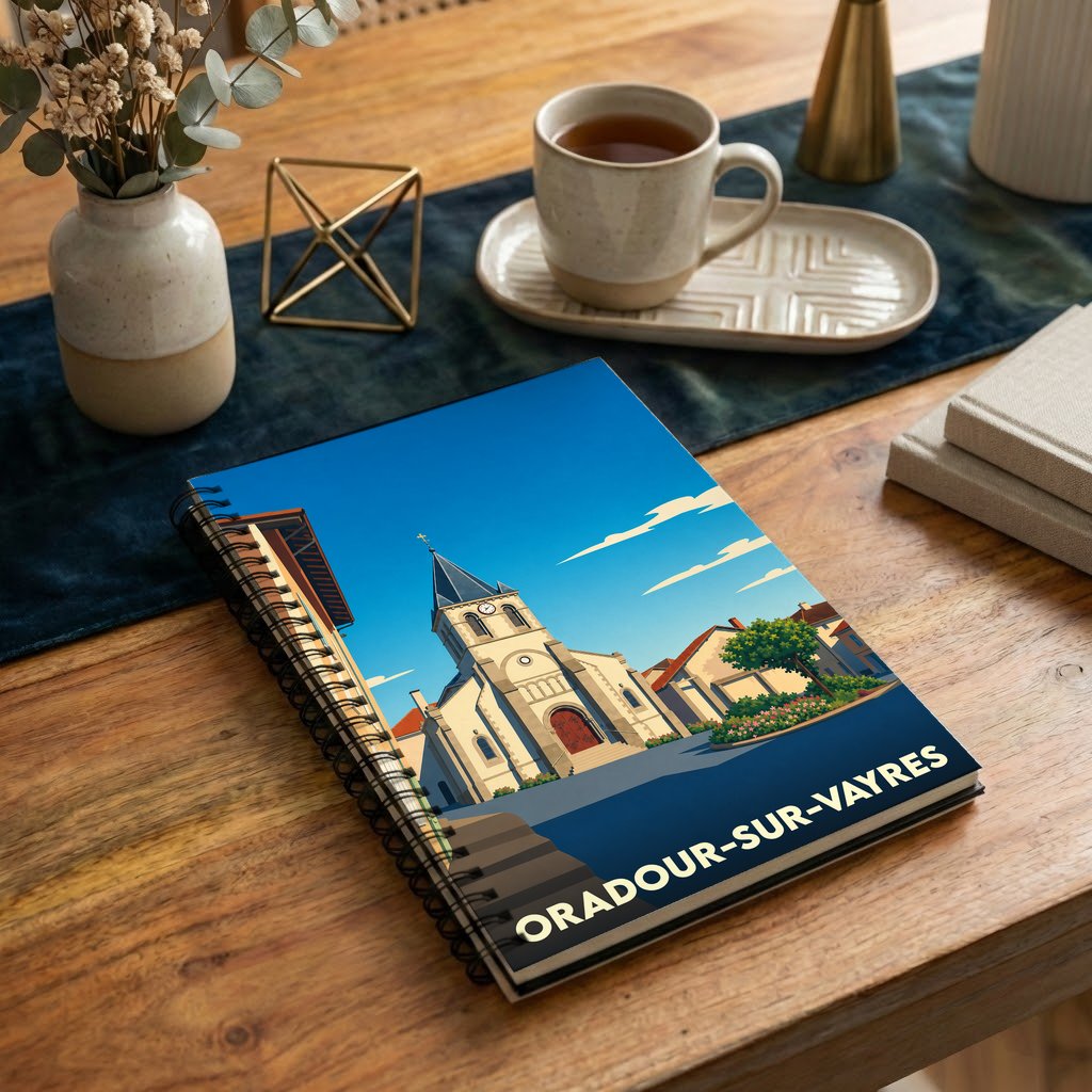 Carnet souvenir de la ville d'Oradour-sur-Vayres avec une illustration stylisée de son église.