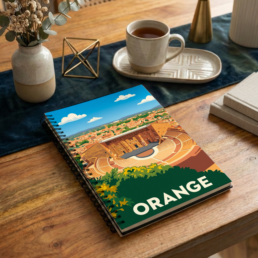 Carnet souvenir de la ville d'Orange avec une illustration stylisée.