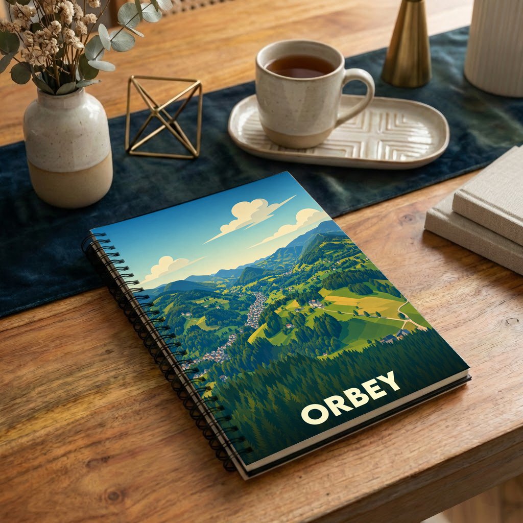 Carnet à spirales souvenir de la ville d'Orbey avec une illustration stylisée de ses paysages montagneux.