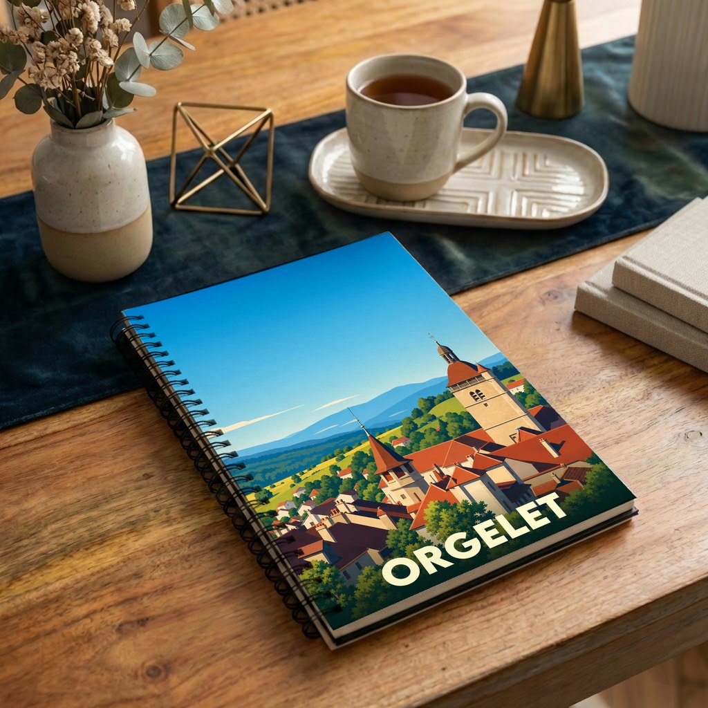 Carnet souvenir de la ville d'Orgelet avec une illustration stylisée de son paysage urbain et de ses clochers.