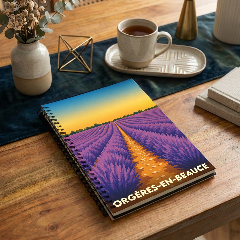 Carnet à spirales souvenir de la ville d'Orgères-en-Beauce illustré par un champ de lavande stylisé au coucher du soleil.