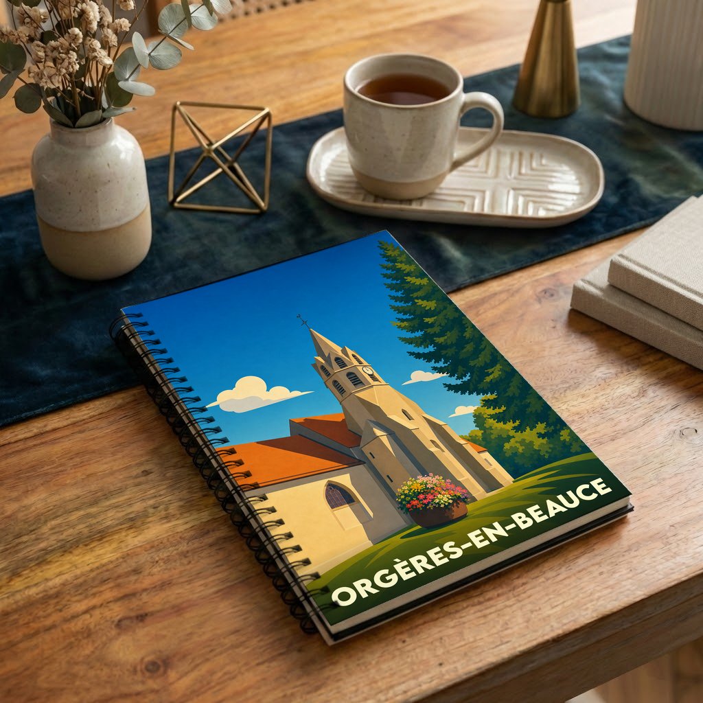Carnet souvenir de la ville d'Orgères-en-Beauce avec une illustration stylisée de son église.