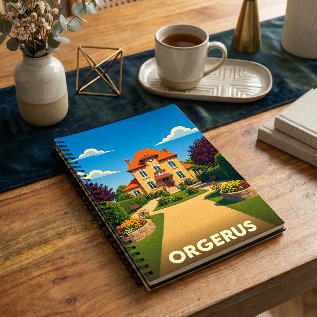 Carnet souvenir de la ville d'Orgerus avec une illustration stylisée de sa mairie et de ses jardins.
