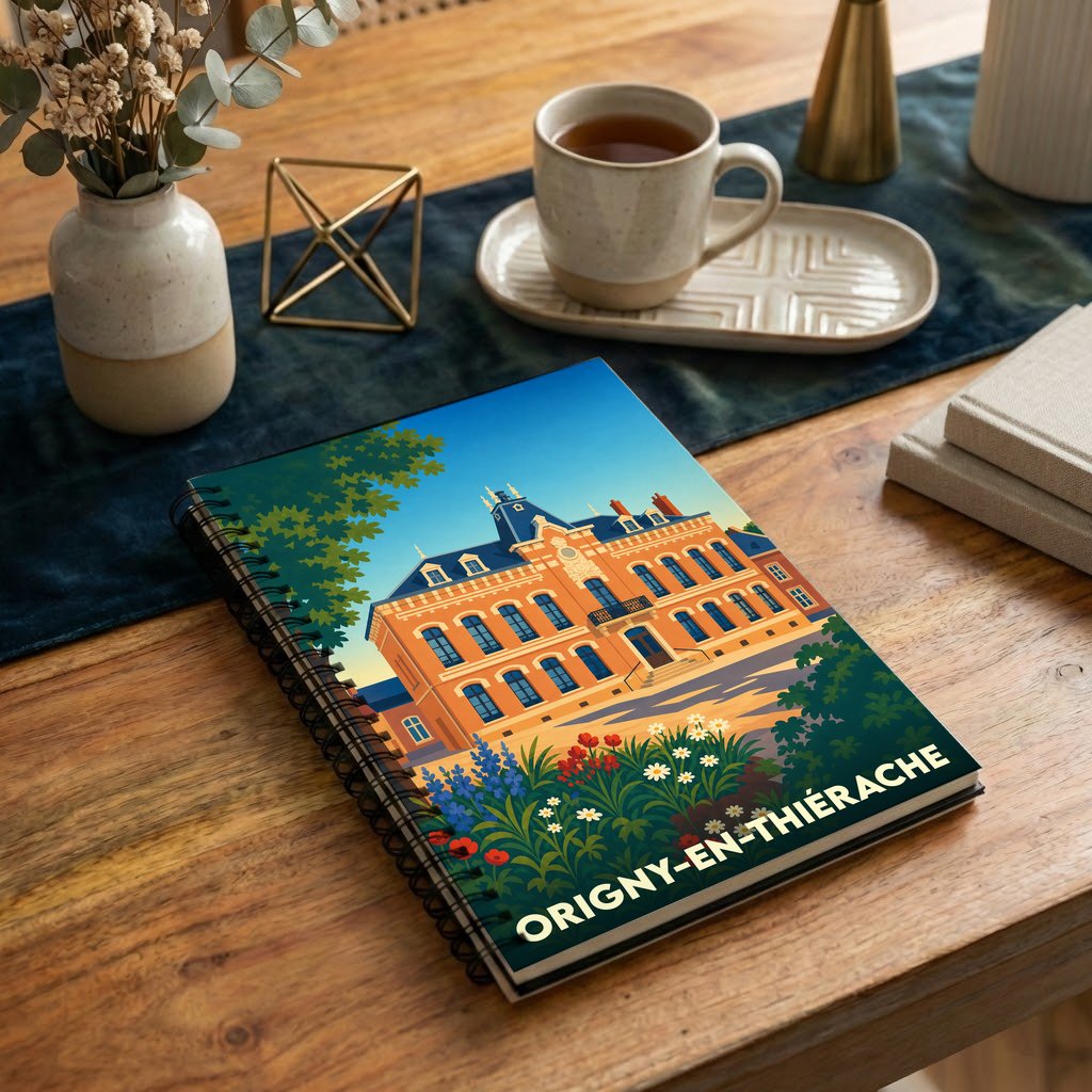 Carnet souvenir de la ville d'Origny-en-Thiérache avec une illustration colorée et stylisée de son hôtel de ville.