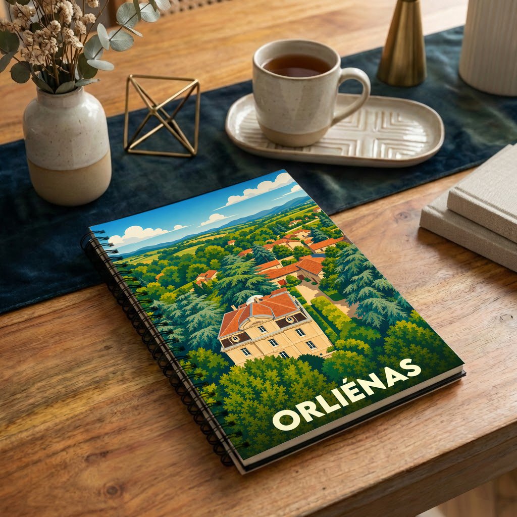 Carnet souvenir de la ville d'Orliénas avec une illustration stylisée d'un paysage de campagne et d'une maison de maître.
