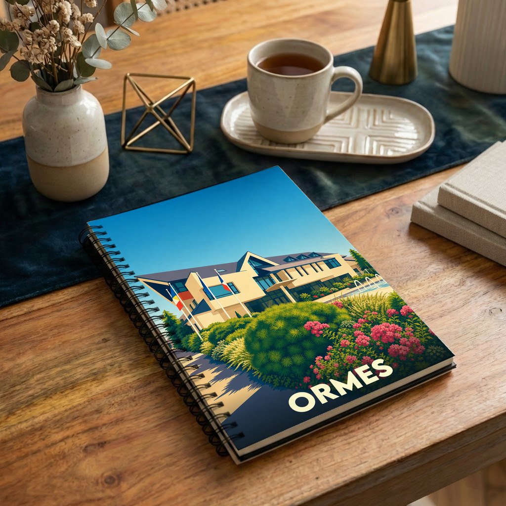 Carnet à spirales souvenir de la ville de Ormes avec une illustration stylisée et colorée.