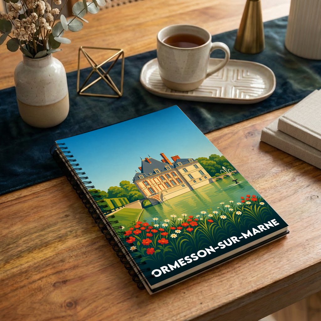 Carnet à spirales souvenir de la ville de Ormesson-sur-Marne avec une illustration stylisée de son château.