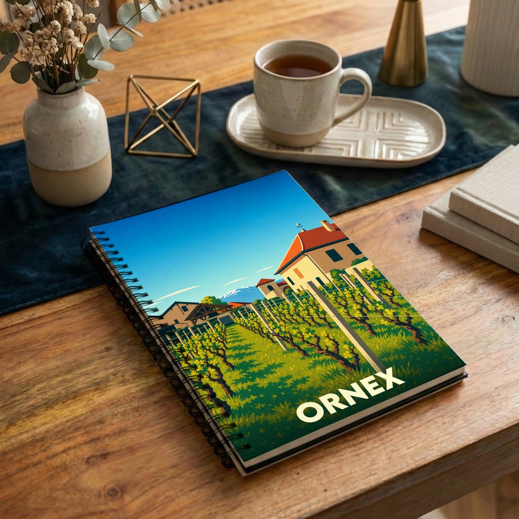 Carnet à spirales souvenir de la ville d'Ornex illustré d'un paysage de vignoble stylisé.